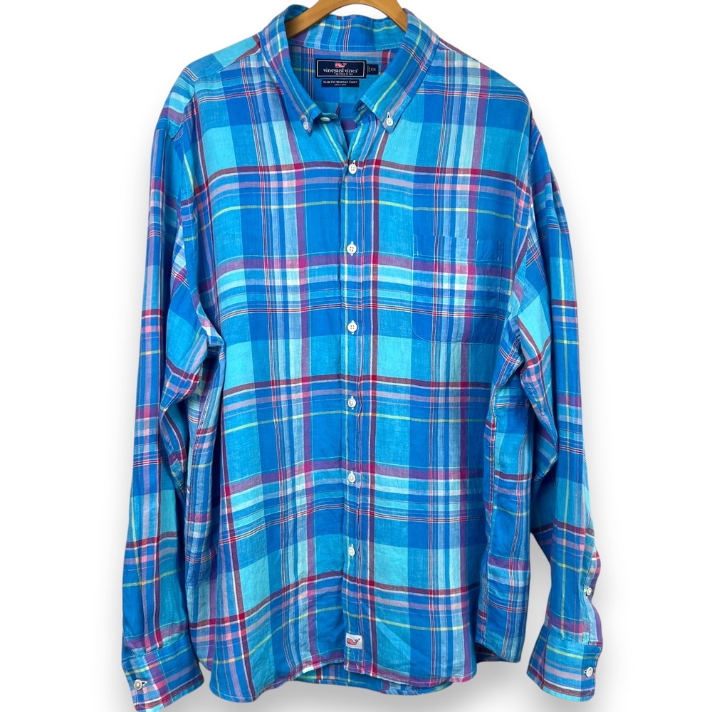 Vineyard Vines Mens XXL Slim Fit Murray Shirt Blue Plaid 100% Linen Button Down